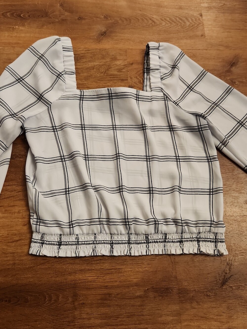 By & By Crop Top Blouse White & Black Windowpane Check-Square Neck Puff Sleeve